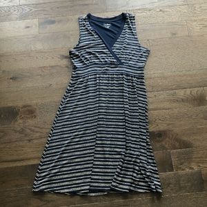 LL Bean Dress Surplice Sleeveless Navy Blue w/Cream Polka Dot Stripes - Large Pe